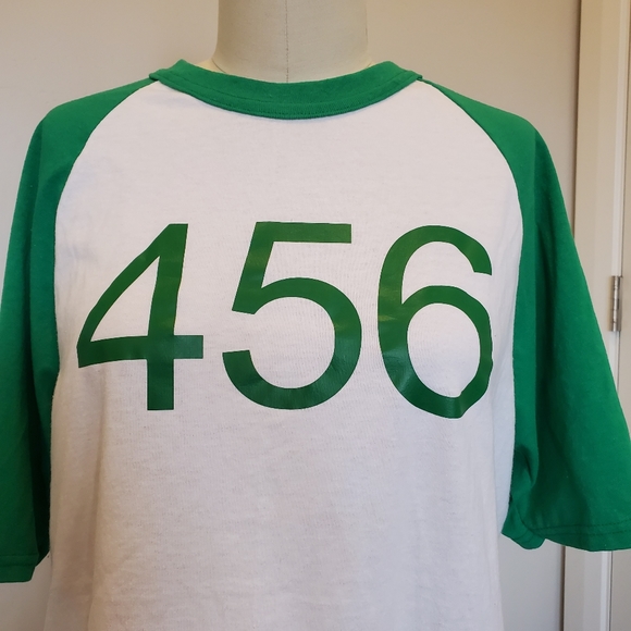 Custom made 456 shirt. Green and white with raglan short sleeves. Large unisex - Picture 5 of 12